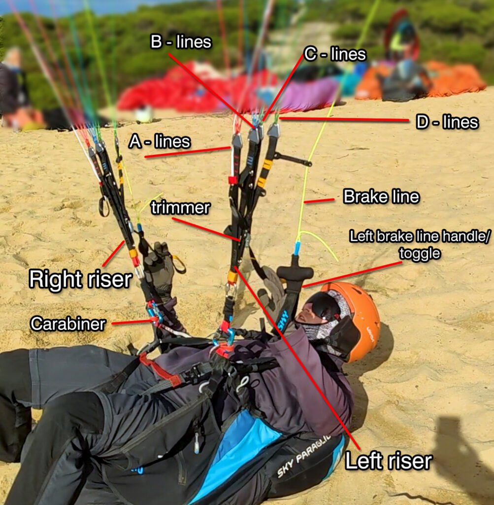 paraglider parts - lines, resirs, trimmers, toggles